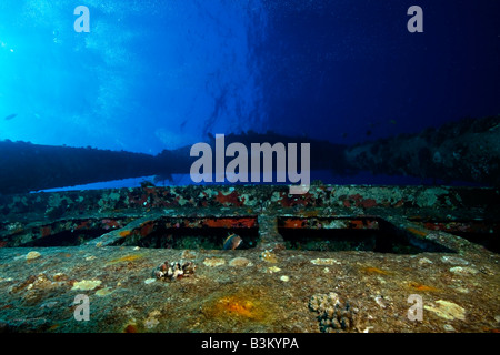 A surface view from below the bridge of the MV Giannis D shipwreck at Sha'ab Abu Nuhas in the Straits of Gubal, Red Sea, Egypt. Stock Photo