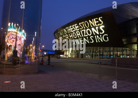 exterior of the iconic Wales Millennium Centre building in Cardiff Bay Wales UK at night Stock Photo