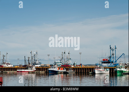 Lobster fishing boats on the Acadian Shore of New Brunswick at the Caraquet wharf Stock Photo