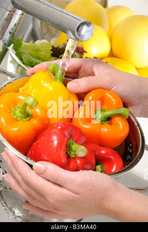 WASHING MIXED PEPPERS IN COLLANDER Stock Photo