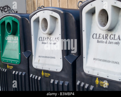Glass recycling bins at a bring site in the Borough of Broxtowe, Nottinghamshire England UK Stock Photo