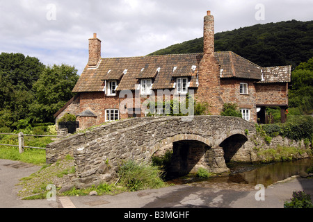 The packhorse bridge and cottages at Allerford village on Exmoor N Devon Stock Photo