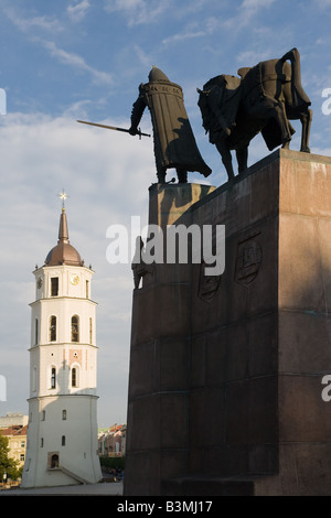 Monument to Grand Duke Gediminas and Clock Tower in the historic center of Vilnius Lithuania Stock Photo