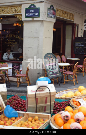 France Paris Fruit stall and cafe located in rue Mouffetard in Paris Stock Photo