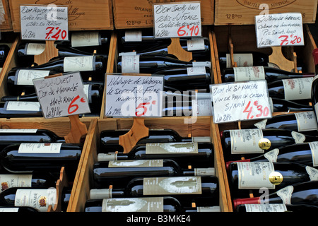 France Paris Bottles of wine found in a street market on rue Mouffetard in Paris Stock Photo