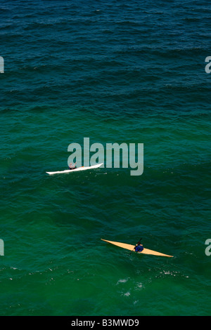 Lake Superior Michigan in USA US American two men in kayaks paddling kayaking from above overhead top view lifestyle daily life pictured hi-res Stock Photo