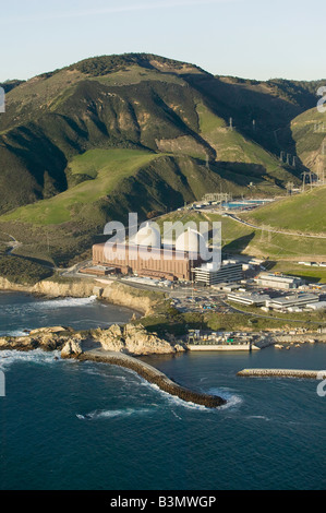 aerial above Diablo Canyon nuclear power plant Avila Beach California Pacific coast PG&E with two Westinghouse reactors Stock Photo