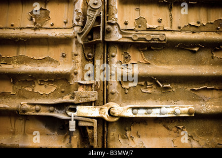 Close up of the door latch of an old railway car. Stock Photo