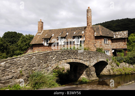 The packhorse bridge and cottages at Allerford village on Exmoor N Devon Stock Photo