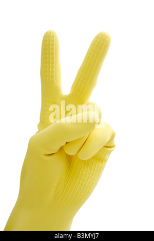 Hand in rubber gloves gesturing, close up Stock Photo