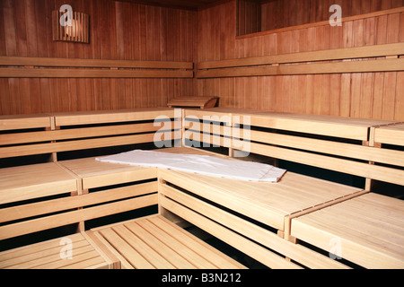 Benches of wooden sauna Stock Photo
