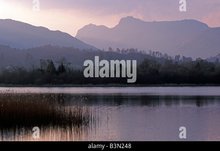 A Lake District sunset looking towards Langdale over Elter Water Stock Photo