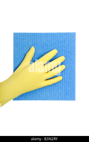 Hand wearing rubber glove touching cleaning cloth Stock Photo