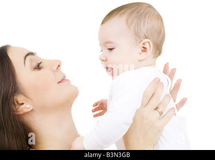 Picture Of Happy Mother With Baby Over White Stock Photo - Alamy