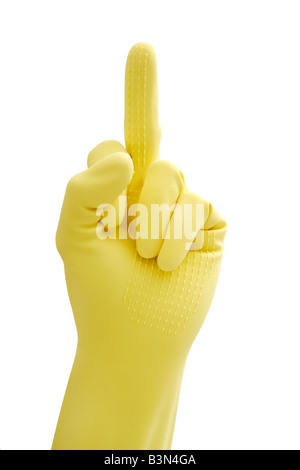 Hand in rubber gloves gesturing, close up Stock Photo