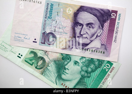 Close up of a traditional German 10 and 20 Ten Deutsche Mark banknote Stock Photo
