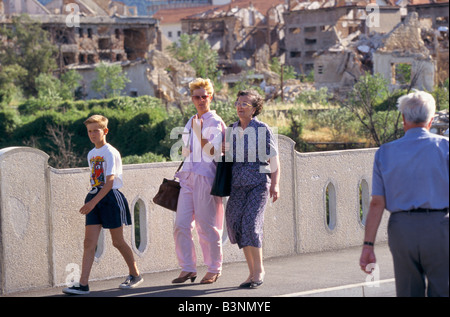 Mostar, june 1996', people walking along restored bridge, 1996 Stock Photo