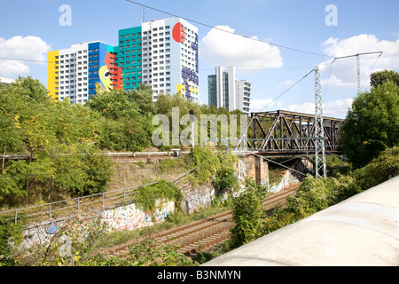 Railroad and tower block in Berlin Germany Stock Photo