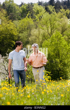 Germany, Baden Württemberg, Tübingen, Mature father and adult son walking through meadow Stock Photo