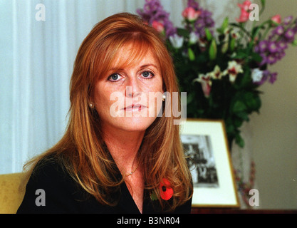 Sarah Ferguson Duchess of York At home in November 1997 wearing black dress with Poppy pinned to lapel Pearl earrings and gold chain necklace Stock Photo