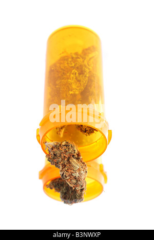 Dried medical cannabis buds in a prescription bottle Stock Photo