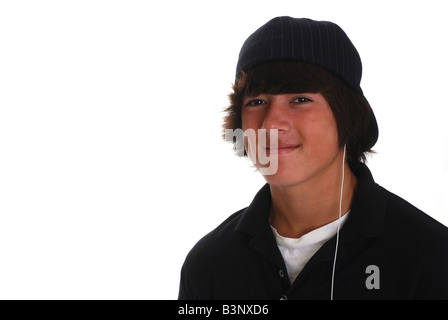 Thirteen year old Asian Caucasian boy isolated on white Stock Photo