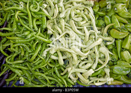 Various green peppers displayed on Tuesday Market in Fethiye. Province of Mugla, Turkey. Stock Photo