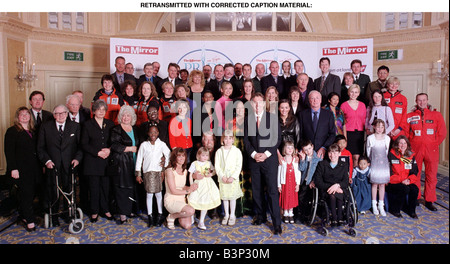 Mirror Pride Of Britain Awards 2000 Winners The full line up at this year s Pride of Britain Awards at London s Hilton Hotel today Tuesday April 11 2000 L R Back Ian Botham Mark Blomfield Tom Tracey Jamie Blackhall Michael Foale Michael Currin Sally Cox Gehane Gordelier Sgt Duncan Manners Mark Taylor Simon Weston Pc Derek Worsfold Colin Adey Isnp Steve Gregory Stephen Niland Carl Fallowfield Ron Dowson Chris Tarrant Alastair Mulcahy Emma Stopford Martin McTigue and Major Damar Ghale Middle Front Piers Morgan Patrick Moore Chris Evans Caroline Hamilton Zoe Hudson Pom Oliver Ann Daniels Rosie Stock Photo