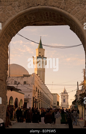 Medina with Karamanli Mosque and  Ottoman Clock Tower in background Medina Tripoli Libya Stock Photo