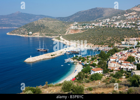 Elevated view of Kalkan town and marina. Kalkan, Province of Antalya, Turkey. Stock Photo