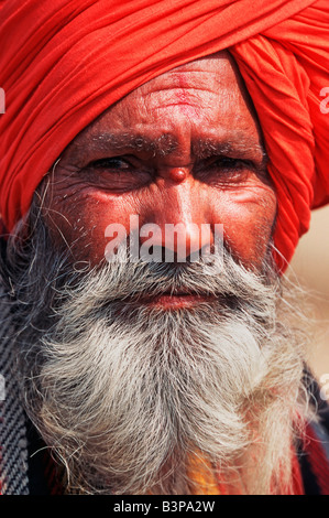 Portrait Rajpute face of a man wearing a beard and a turban Rajasthan India Asia