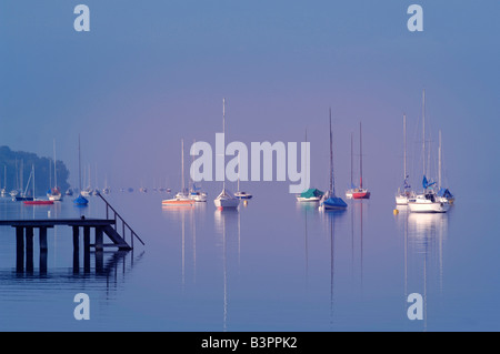 Sailing boats in the morning, Stegen, Lake Ammersee, Upper Bavaria, Germany, Europe Stock Photo