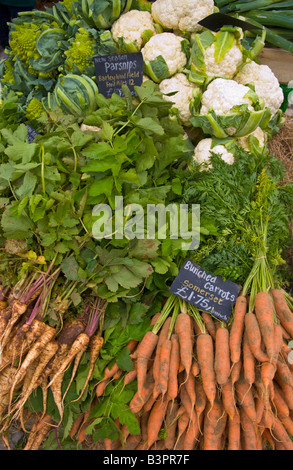 Organic carrots parsnips and cauliflower on sale at the Soil Association Organic Food Festival Bristol Harbourside England UK Stock Photo