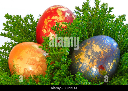 Coloured easter eggs with golden ornament in an easter basket Stock Photo