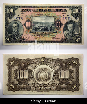 100 Bank notes  from Bolivia, Bolivian bolivianos Stock Photo