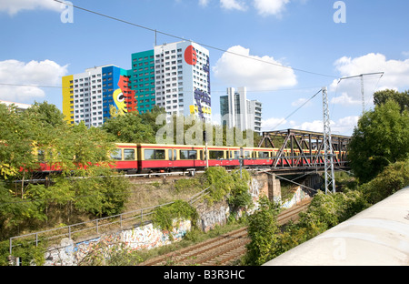 Railroad and tower block in Berlin Germany Stock Photo
