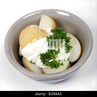 Potato salad in small pottery bowl topped with a sprig of English parsley Stock Photo