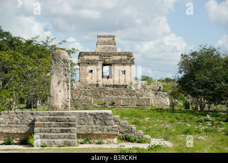 Temple of the Sun or of the Seven Dolls and Stele Dzibilchaltun Maya Ruins Yucatan Peninsula Mexico 2007 NR Stock Photo