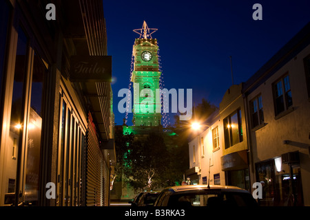 Prahran Town Hall clock tower, decorated with Christmas Lights. Prahran, Melbourne, Australia. Stock Photo