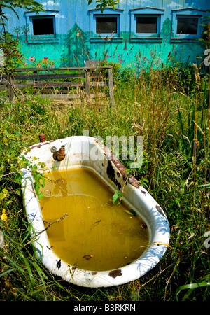 A corroded old bathtub filled with dirty water sits in a field near the Latadomi Nature Center barn in North Park Pittsburgh, PA Stock Photo