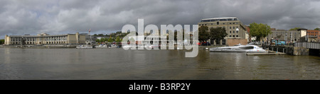 Panoramic view of Bristol city docks in the summer of 2008 and the round the world biodiesel speedboat Earthrace moored up. Stock Photo