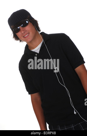 Thirteen year old Asian Caucasian boy isolated on white Stock Photo