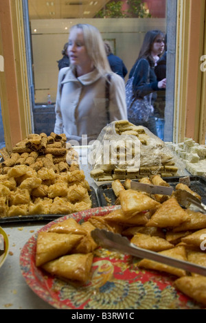 North African pastries for sale in traditionally designed salon de the in Brussels, Belgium Stock Photo
