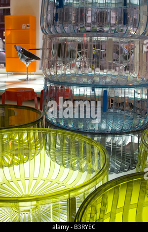Fashionable interiors store 'Kartell' selling plastic furniture and lighting by designers such as Philippe Starck in Brussels Stock Photo