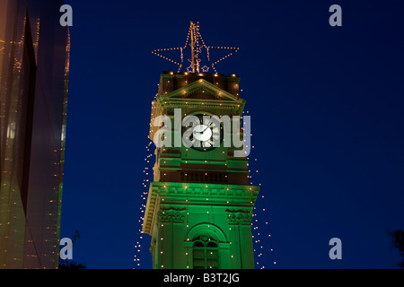 Prahran Town Hall clock tower, decorated with Christmas Lights. Prahran, Melbourne, Australia. Stock Photo