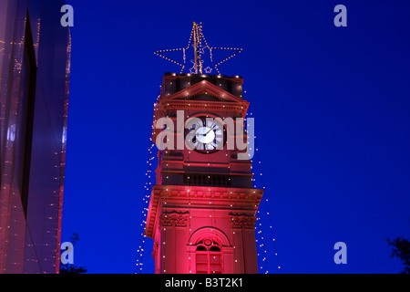 Prahran Town Hall clock tower, decorated with Christmas Lights. Prahran, Melbourne, Australia. Stock Photo