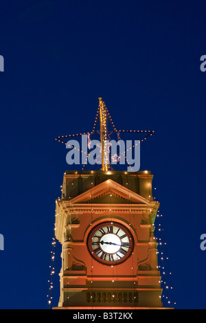 Prahran Town Hall clock tower, decorated with Christmas Lights. Prahran, Melbourne, Australia. Stock Photo