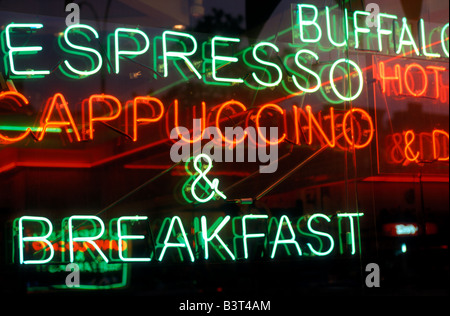 neon food sign espresso cappuccino breakfast Stock Photo