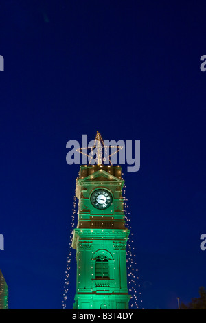 Prahran Town Hall clock tower, decorated with Christmas Lights. Prahran, Melbourne, Australia. Stock Photo