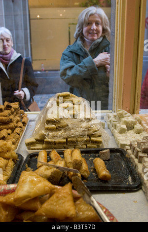 North African pastries for sale in traditionally designed salon de the in Brussels, Belgium Stock Photo
